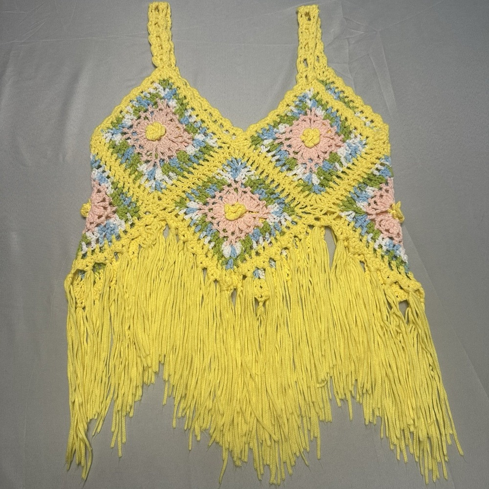 WoWo Crochet Yellow Granny Square Boho Flower Child Fairy Cottage Whimsi Retro